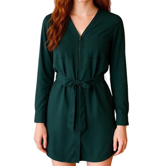 Express Dresses & Skirts - Express Small Green Belted Shirt Dress Long Sleeve Modest Contemporary Fall Chic